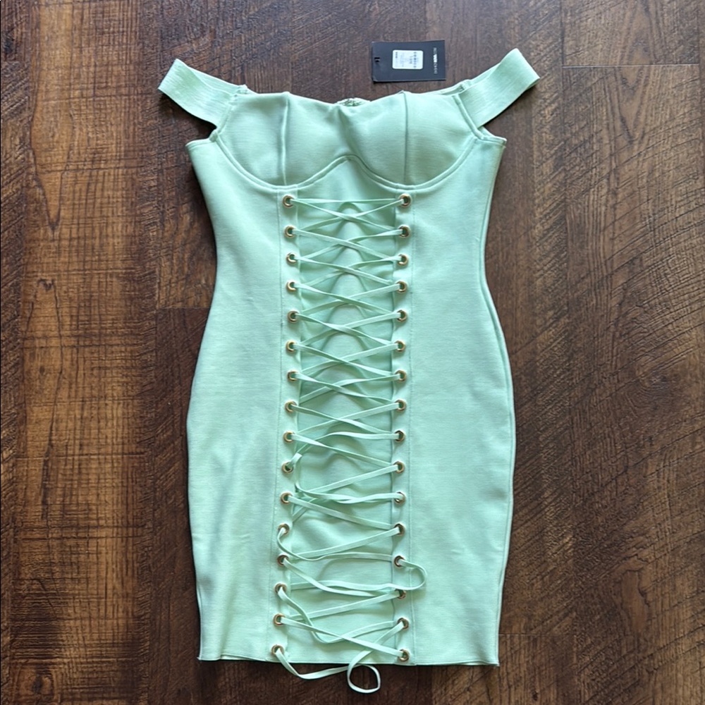 Fashion Nova Mint Strapless Lace-Up Dress